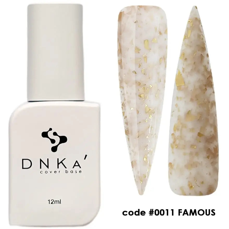 A bottle of DNKa' Cover Base #0011 Famous with a shimmery, pinkish-gold color, alongside a sample nail art swatch showing a glossy finish.