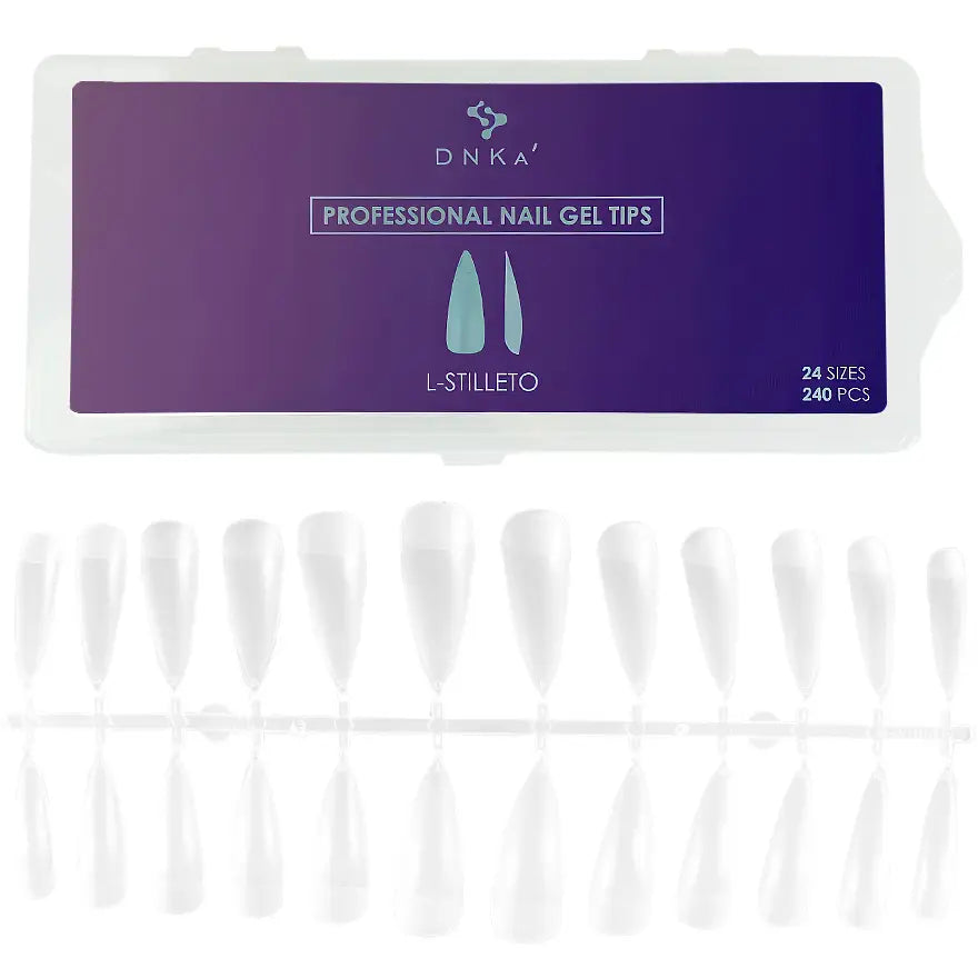 A package of DNKa' Professional Nail Gel Tips in L-Stilleto shape with 240 pieces. The gel tips are designed for nail extension and are colored to match an almond.