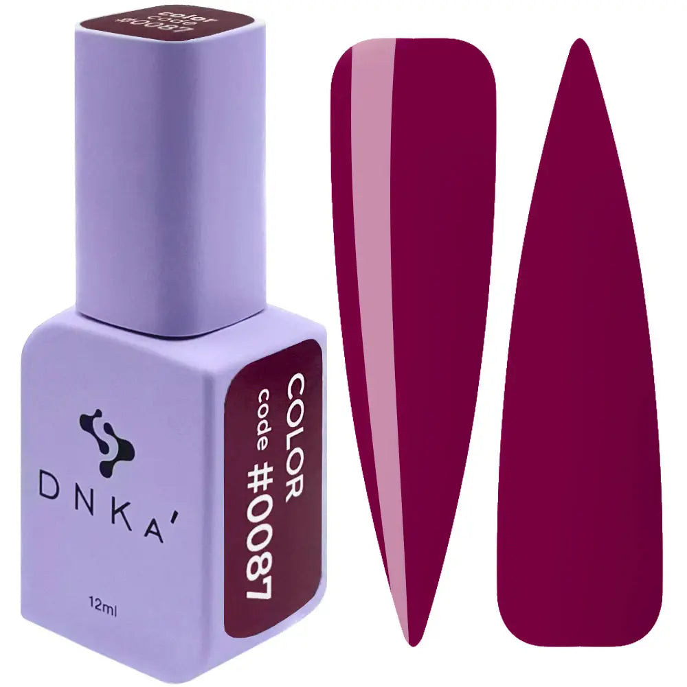 A purple-colored DNKa' Gel Polish bottle with the code #0087 and 12 ml volume indicated, alongside two accompanying nail decals.