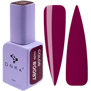 A purple-colored DNKa' Gel Polish bottle with the code #0087 and 12 ml volume indicated, alongside two accompanying nail decals.