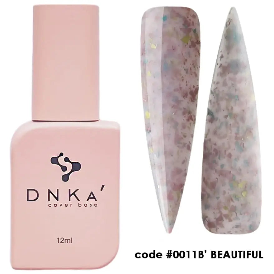 A bottle of DNKa' Cover Base with a pink label and a small, pointed brush applicator, alongside a sample nail color swatch labeled as #0011B' Beautiful.