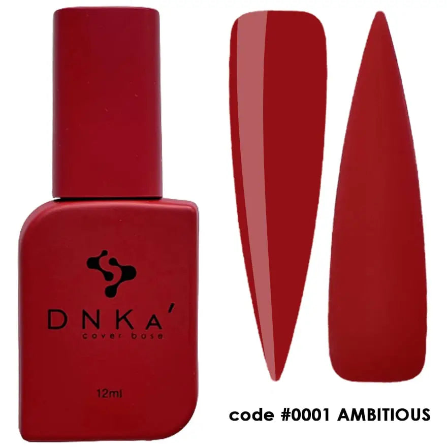 A bottle of DNKa' Cover Base in a fiery red color, glossy finish. The code #0001 Ambitious is visible on the bottle.