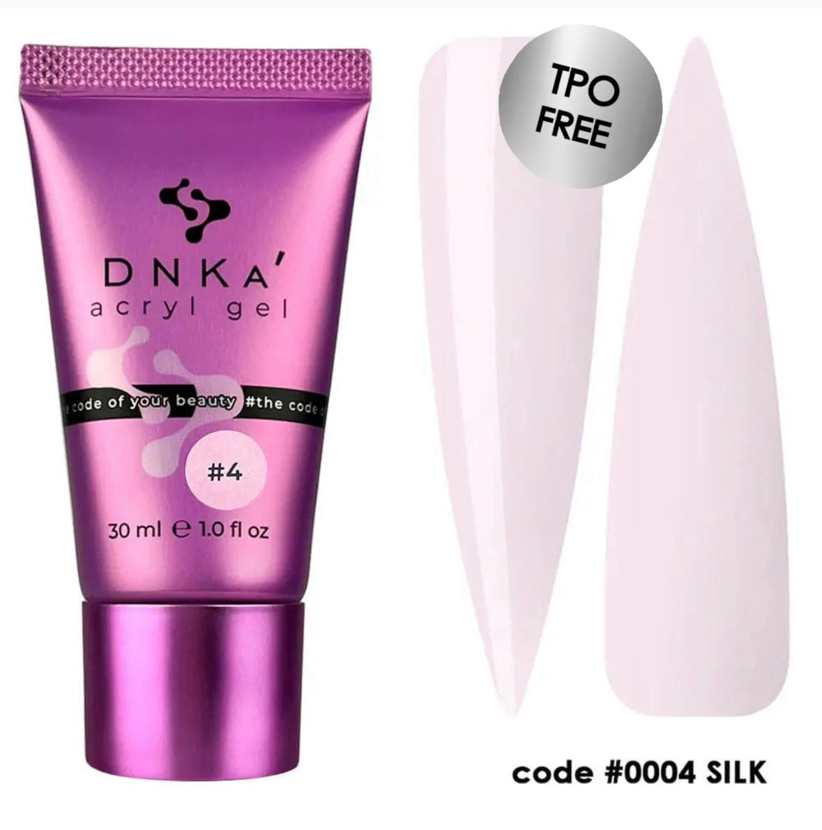 DNKA acrylic gel tube with pink nail samples on a white background