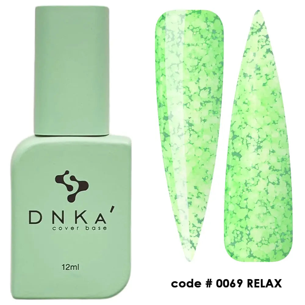 A bottle of DNKa' Cover Base #0069 Relax  in a green shade, alongside a sample nail color swatch.