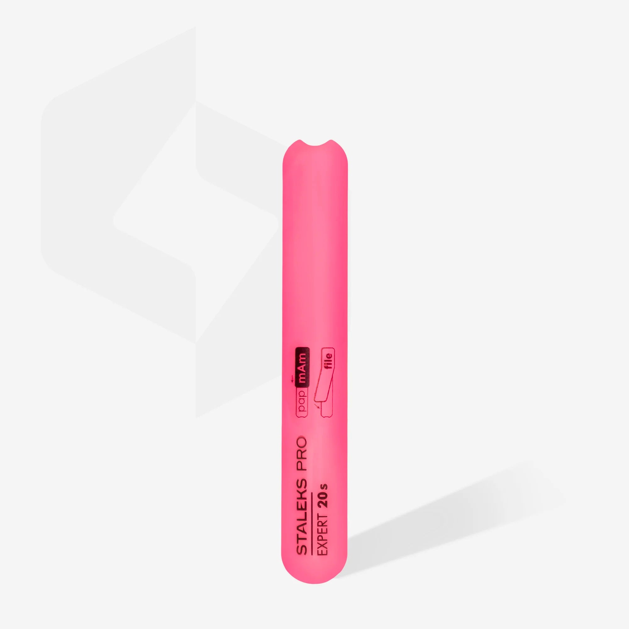 A pink plastic nail file base with beveled edges, marked with the brand STALEKS PRO and the model EXPERT 20s.