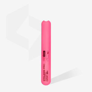A pink plastic nail file base with beveled edges, marked with the brand STALEKS PRO and the model EXPERT 20s.
