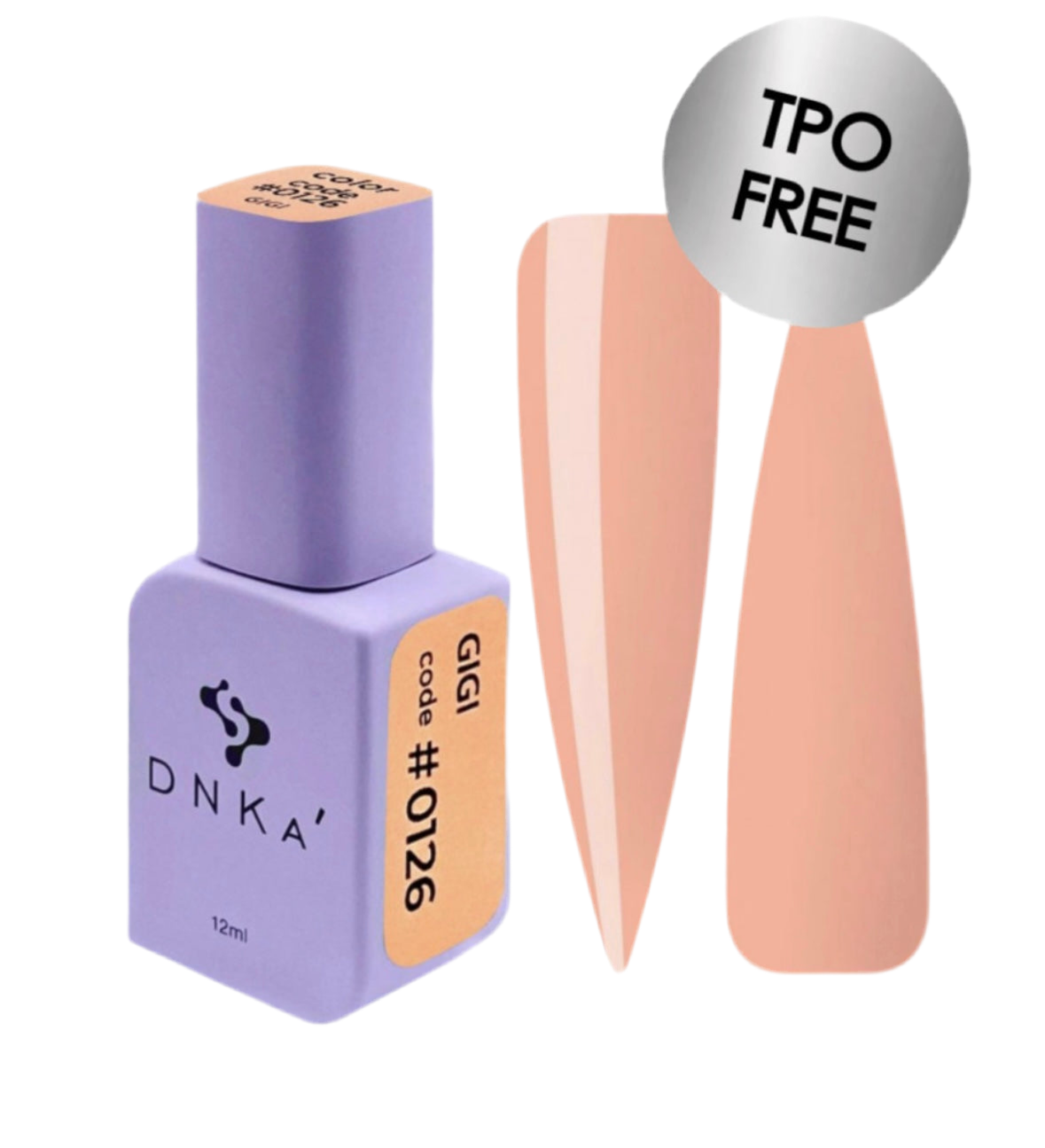 DNKA nail polish bottle #0126 with a sample of peach-colored nail polish and a 'TPO FREE' label.