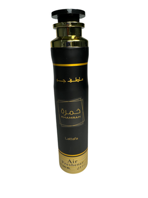 Black and gold air freshener bottle with 'Khamrah' branding on a white background