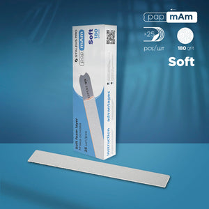 A pack of disposable PapmAm soft nail files with a white foam layer, indicated for manicure and pedicure use, with 25 pieces included. 180 grit