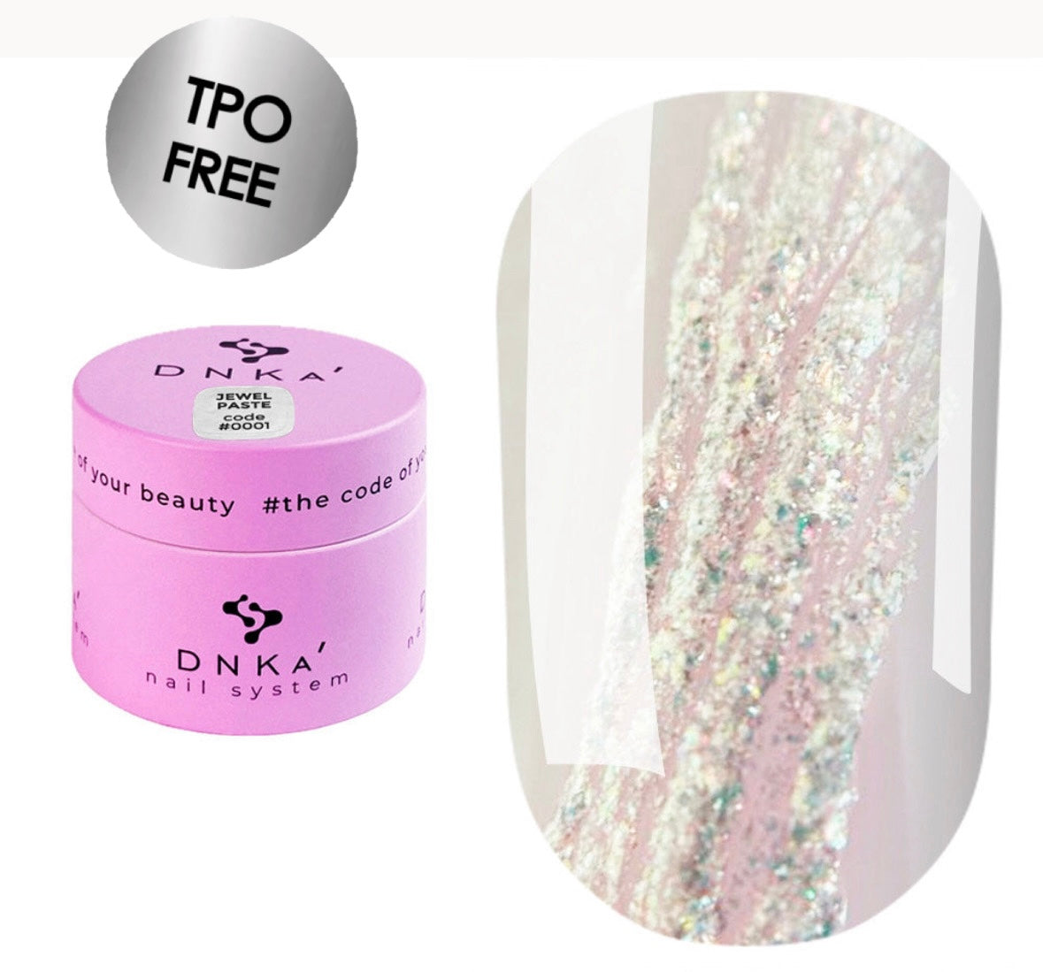 DNKA nail art product with glittery nail patch and pink container on a white background