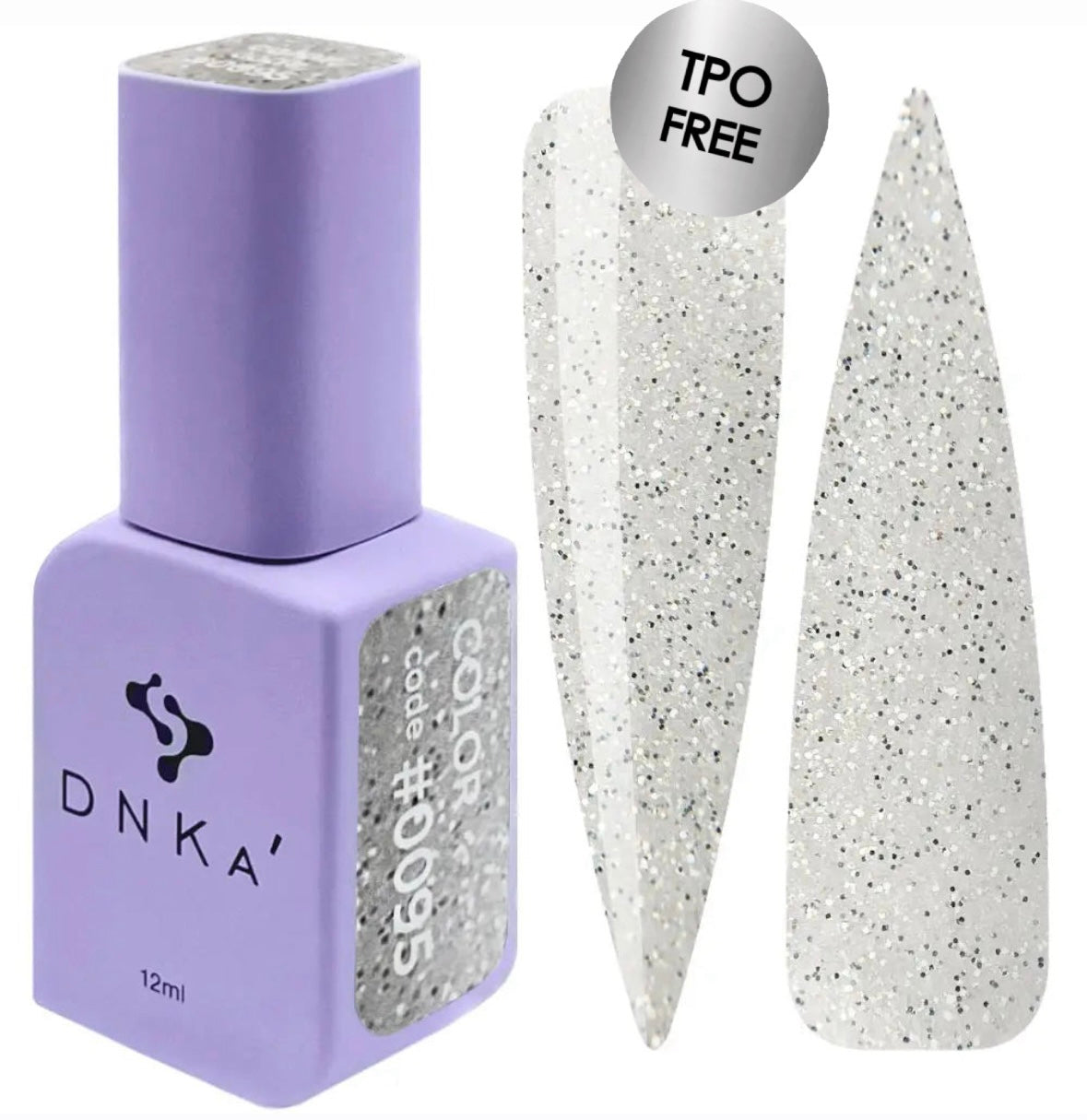 A bottle of DNKa' Gel Polish in color #0095, alongside a visual representation of the silver glittery texture of the polish applied on a nail shape.