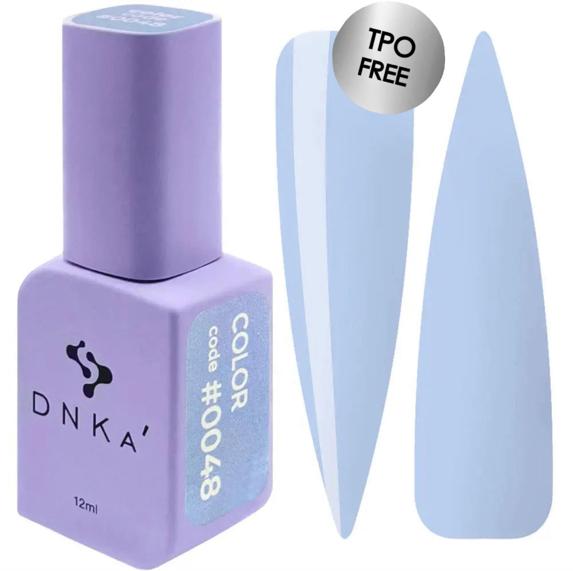 A purple DNKa' Gel Polish bottle with the cap removed, showing the light blue color of the polish, alongside a blue nail polish wedge. A purple-colored DNKa' Gel Polish bottle with the code #0048 and 12 ml volume indicated