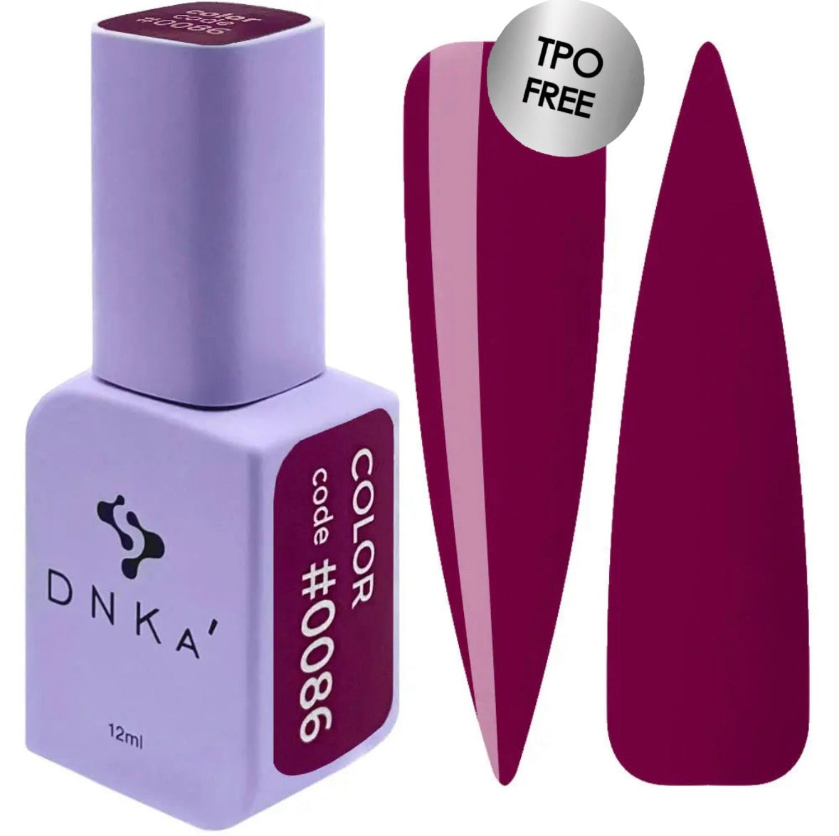 A purple DNKa' Gel Polish bottle with the color #0086 visible on the label, alongside a swatch of the corresponding nail polish color.