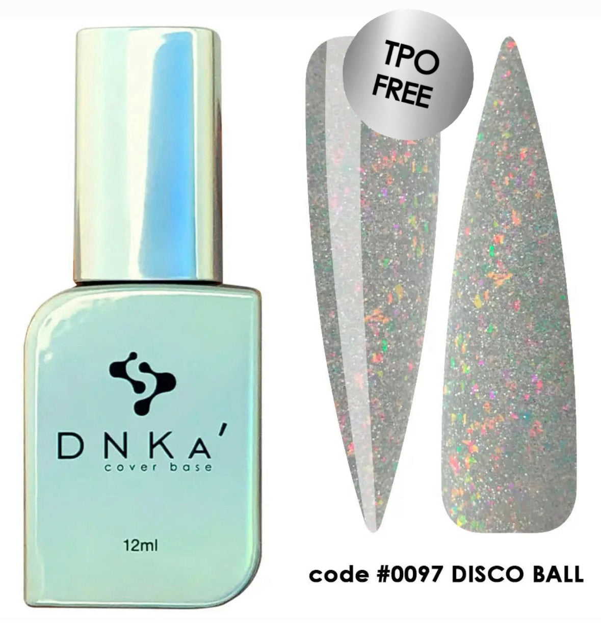 A bottle of DNKa' Cover Base with a Disco Ball effect, showing a metallic, reflective surface, and a set of fingernails with the same glittery, shimmering finish. 0097 color