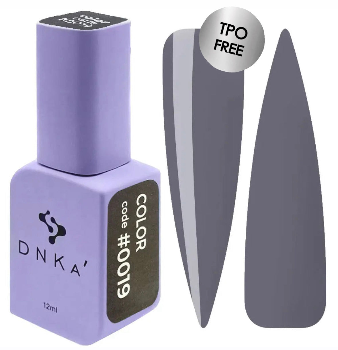 A swatch of DNKa' Gel Polish in color #0019, showing the color and texture of the polish. The polish is a deep grey shade.