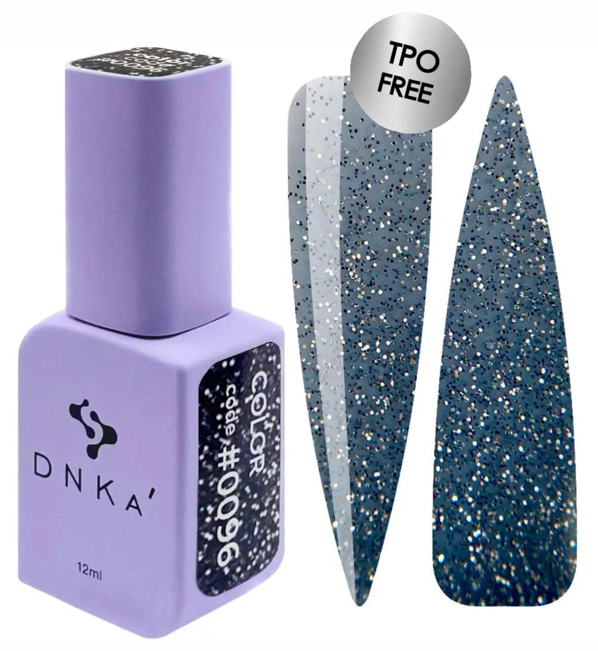 A bottle of DNKa' Gel Polish in color #0096, which is a glittery blue gel polish, shown alongside a swatch demonstrating the glittery gold finish on a nail.