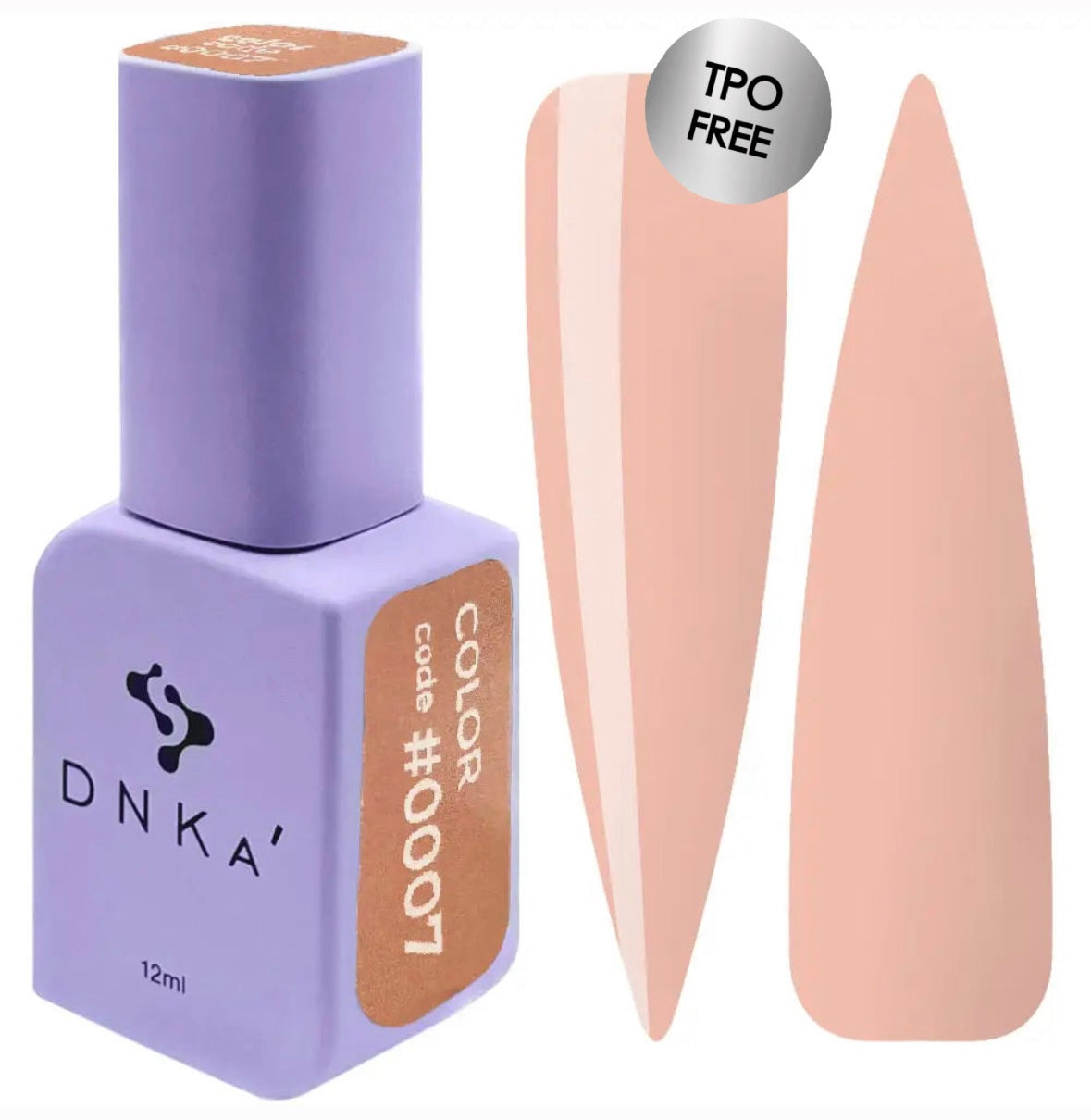 A purple DNKa' Gel Polish bottle with a velvet-like texture and a shade guide label indicating color #0007 light brown nude color