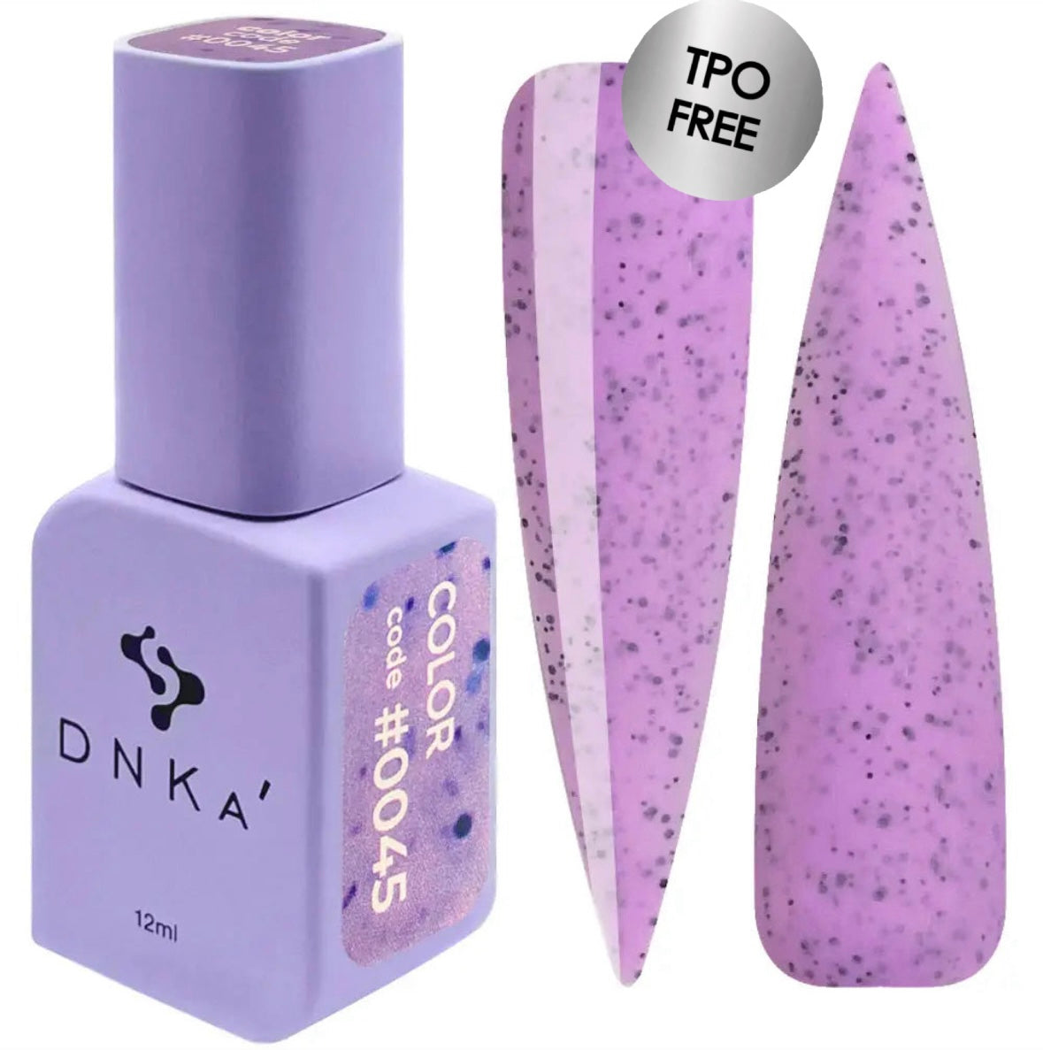 A purple DNKa' Gel Polish bottle with the cap removed, showing the purple with black dots color of the polish. A purple-colored DNKa' Gel Polish bottle with the code #0045 and 12 ml volume indicated