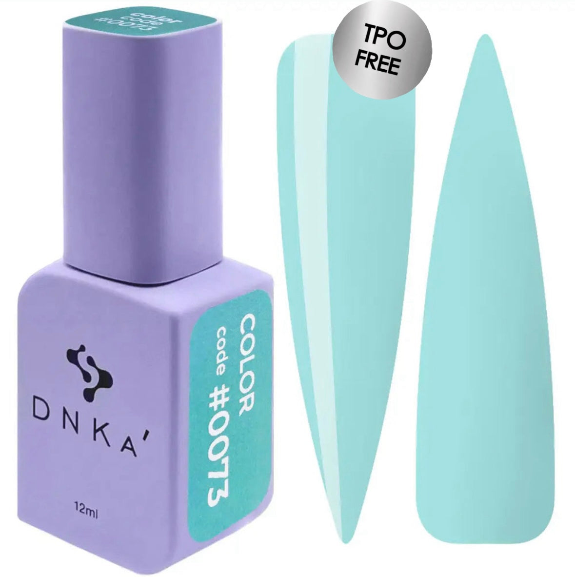 A bottle of DNKa' Gel Polish in color #0073, alongside a swatch of the corresponding nail polish color. Light green gel polish color
