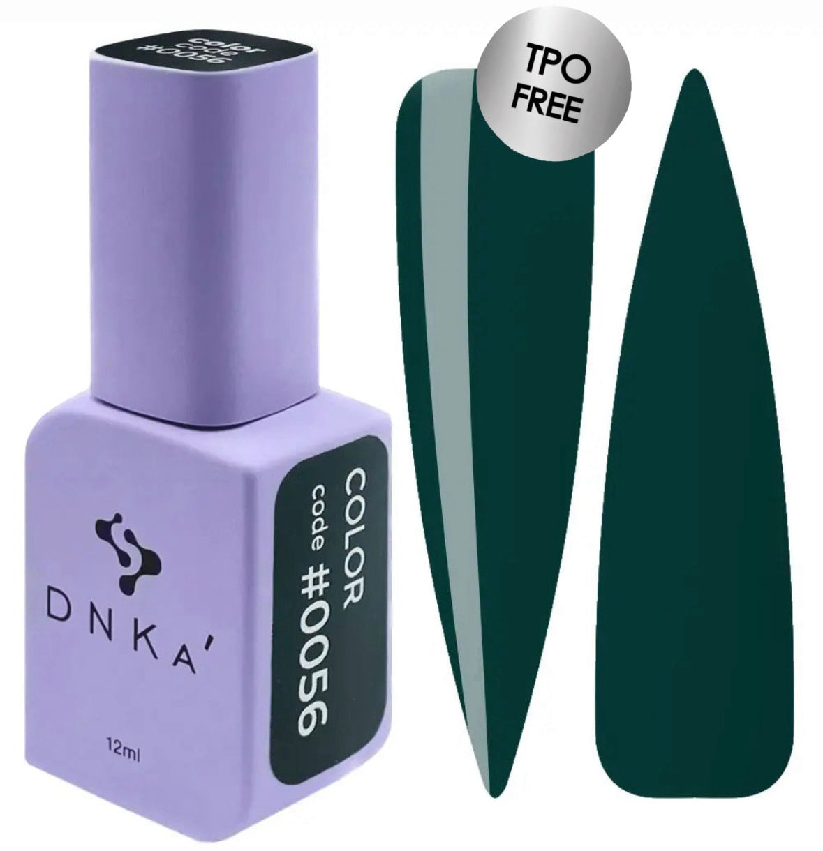 A bottle of DNKa' Gel Polish in color #0056, which is a deep green color, alongside a swatch of the polish showing its application and color.