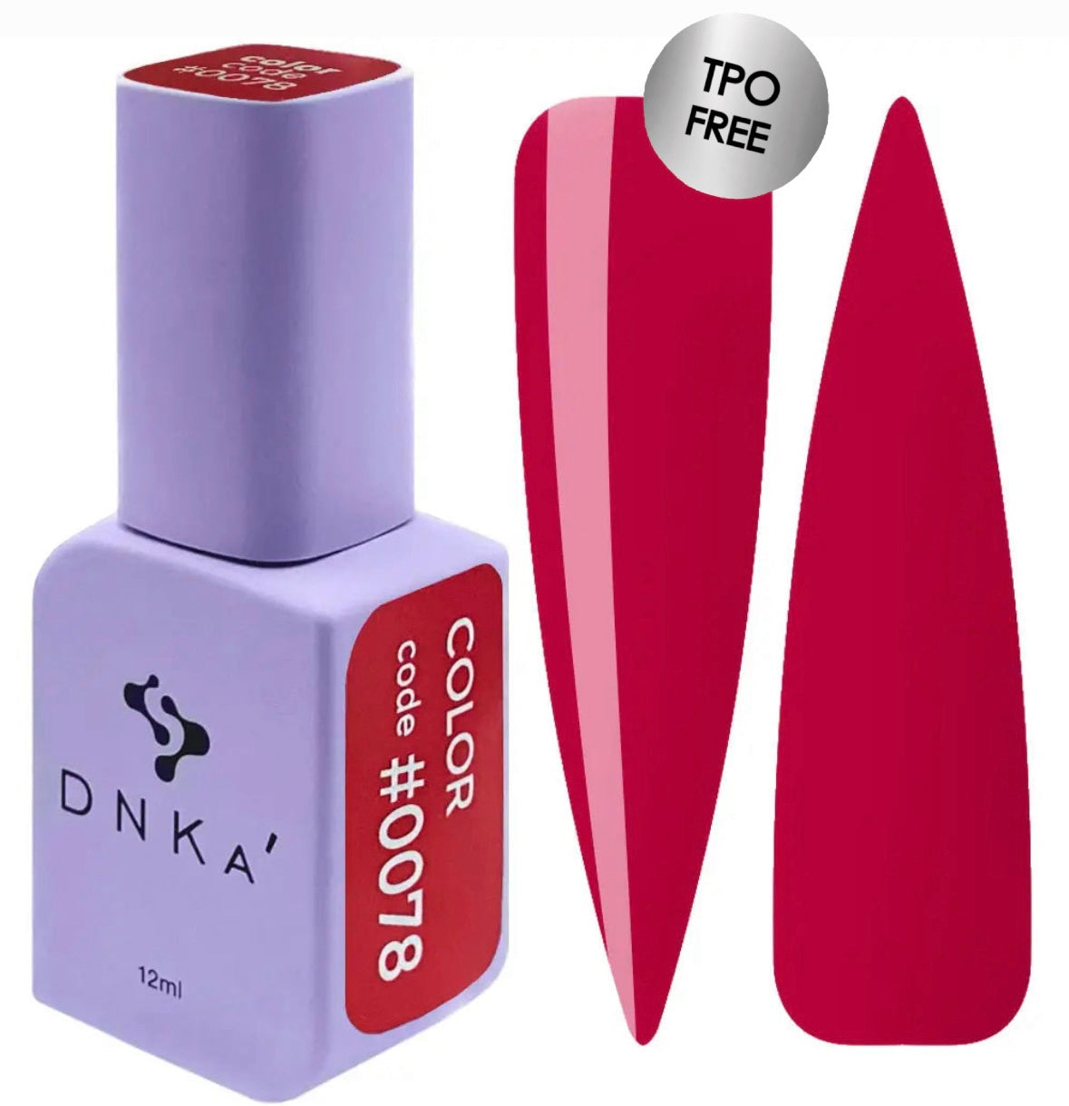 A purple-colored bottle of DNKa' Gel Polish with a red nail polish swatch behind it, indicating the color #0078.