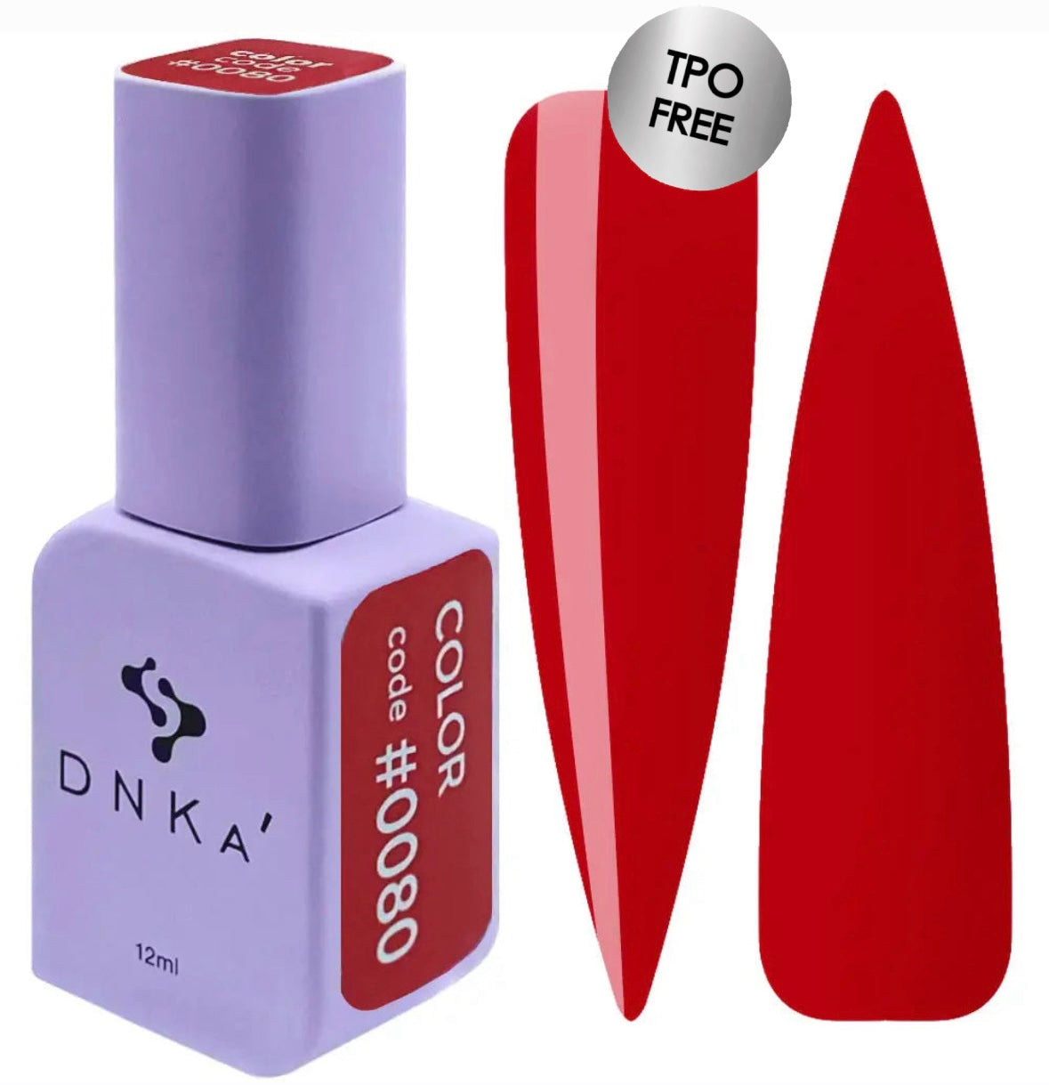 DNKA nail polish bottle with a red color swatch and 'TPO Free' label on a white background