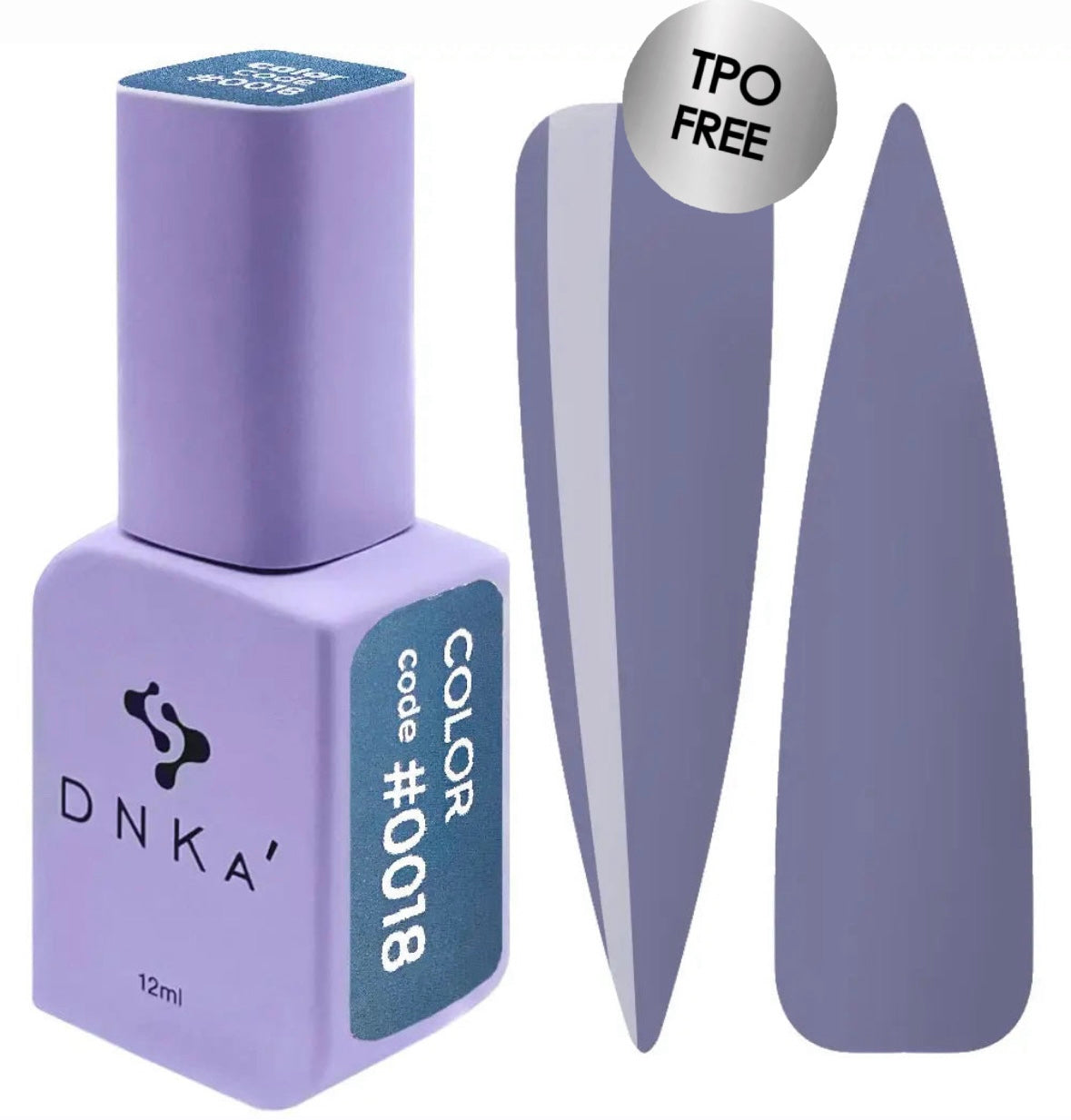 A swatch of DNKa' Gel Polish in color #0018, showing the color and texture of the polish. The polish is a grey shade.