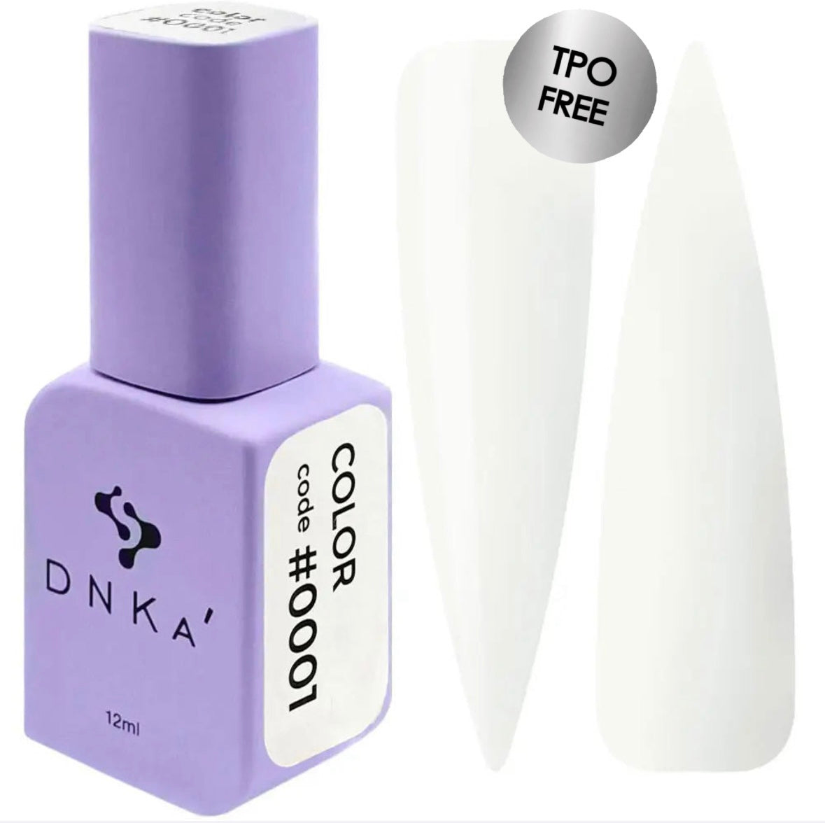 A bottle of DNKa' Gel Polish in milky white color #0001 alongside a visual representation of the nail polish application on a nail shape.