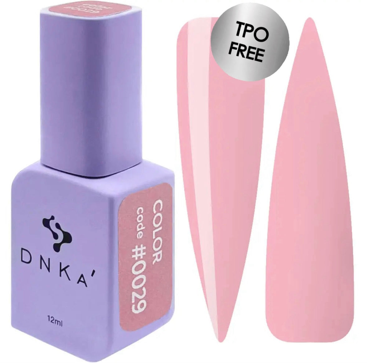 A purple-colored DNKa' Gel Polish bottle with the code #0029 and 12 ml volume indicated, alongside two pink-colored gel polish bottles.