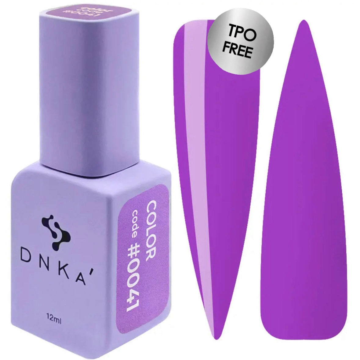 A bottle of DNKa' Gel Polish in color #0041, which is a deep purple, alongside a swatch demonstrating the color and texture of the gel polish.