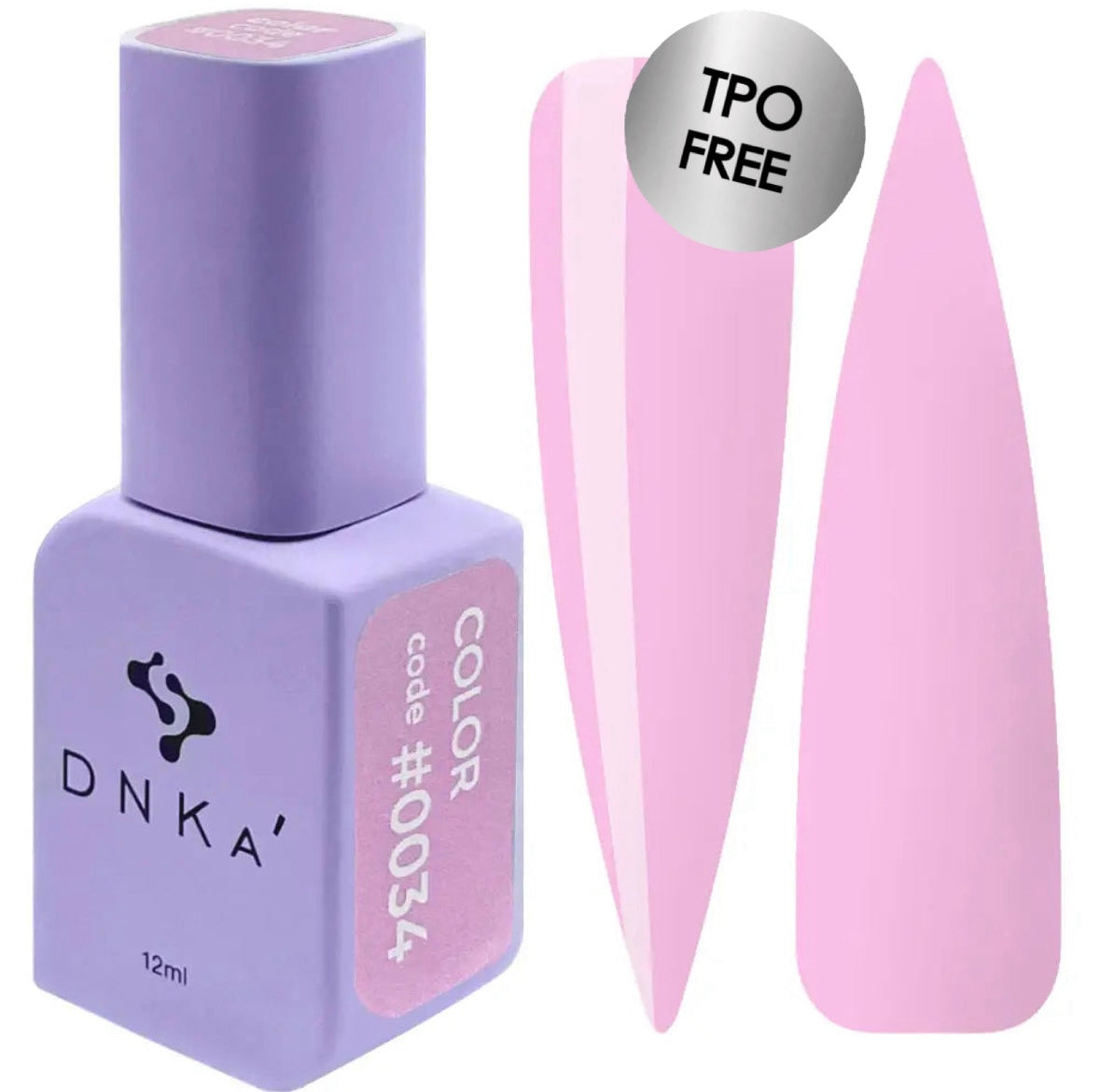 A purple bottle of DNKa' Gel Polish with the color code #0034, showing the light pink gel polish and its packaging.