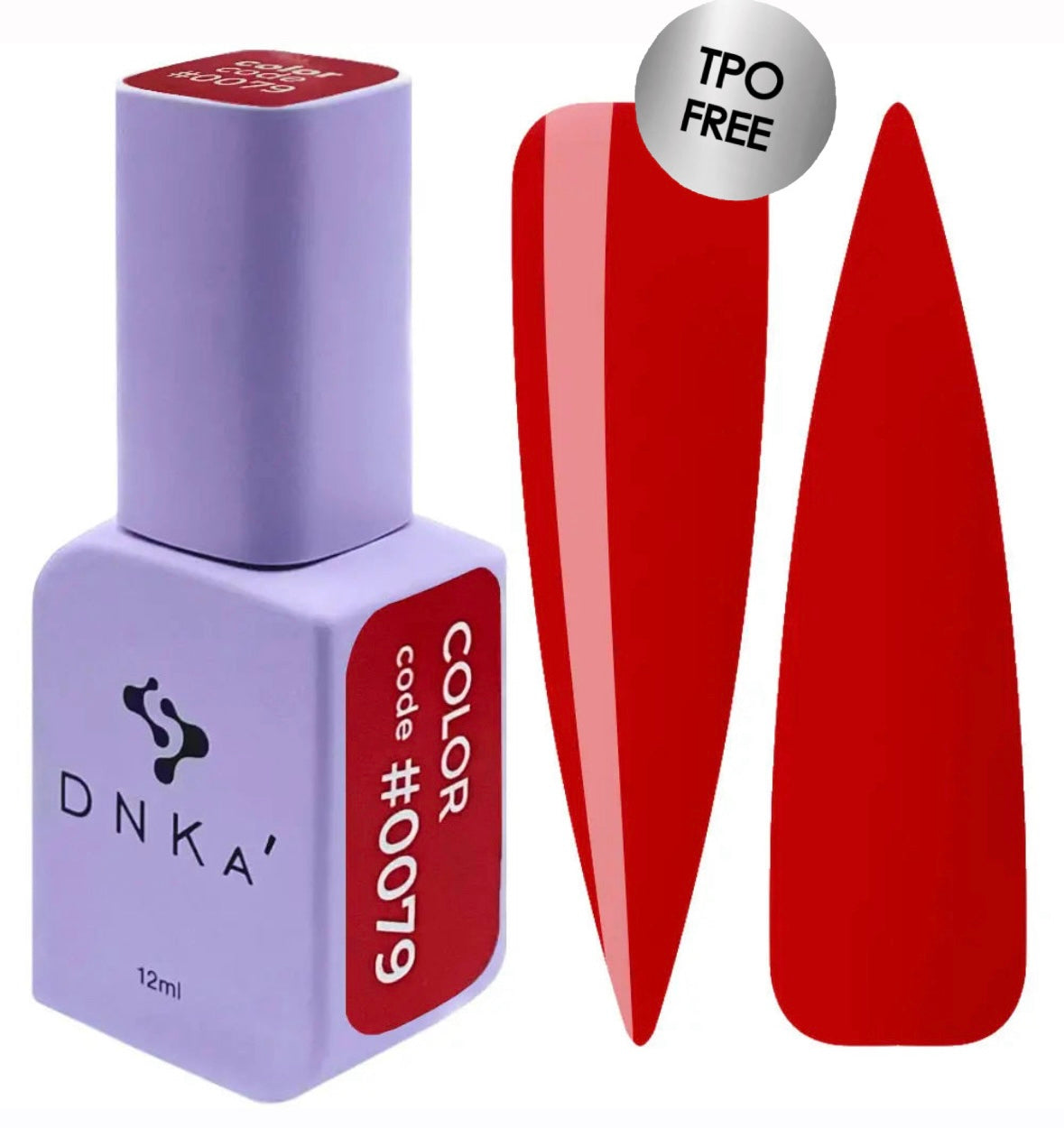 A purple-colored bottle of DNKa' Gel Polish with a red nail polish swatch behind it, indicating the color #0079.