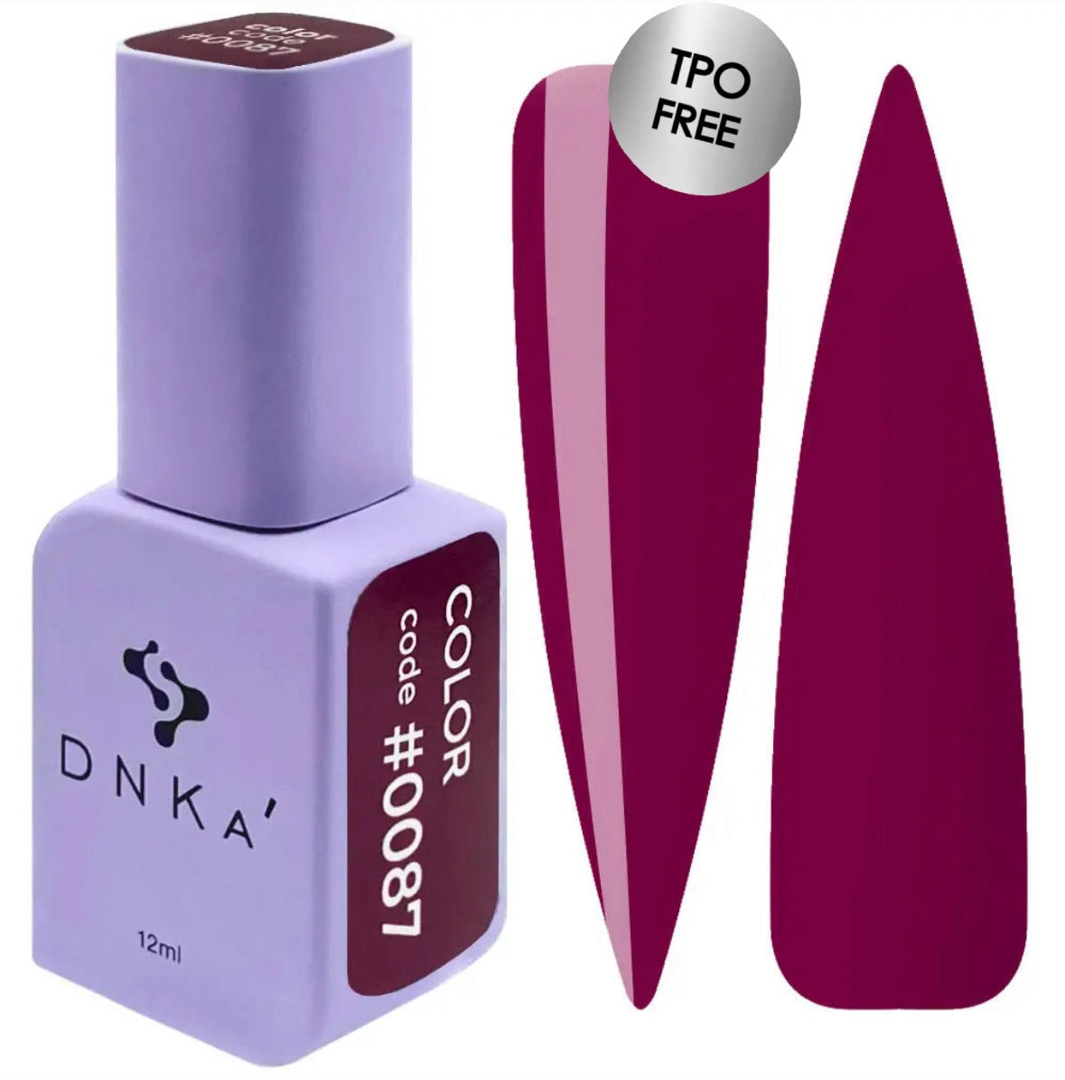 A purple-colored DNKa' Gel Polish bottle with the code #0087 and 12 ml volume indicated, alongside two accompanying nail decals.