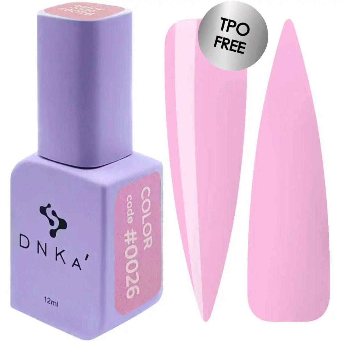 A bottle of DNKa' Gel Polish in color #0026 with a pink shade, accompanied by a visual representation of the nail polish application on a pink nail shape.