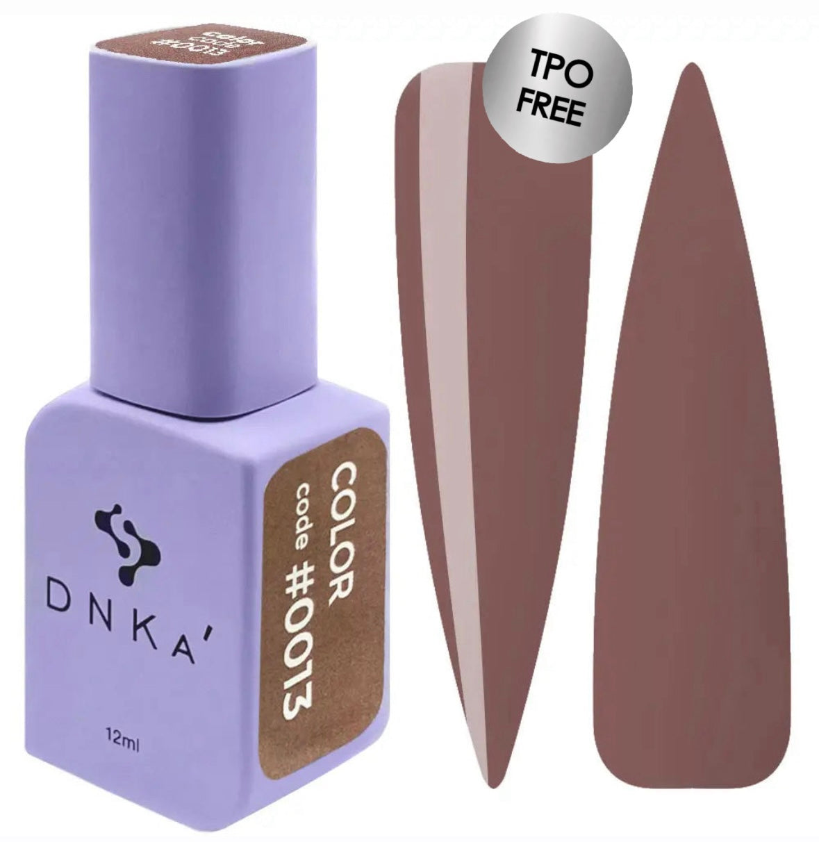 A square bottle of DNKa' Gel Polish in color #0013 with a purple cap, alongside a visual representation of the brown polish color on a nail shape.