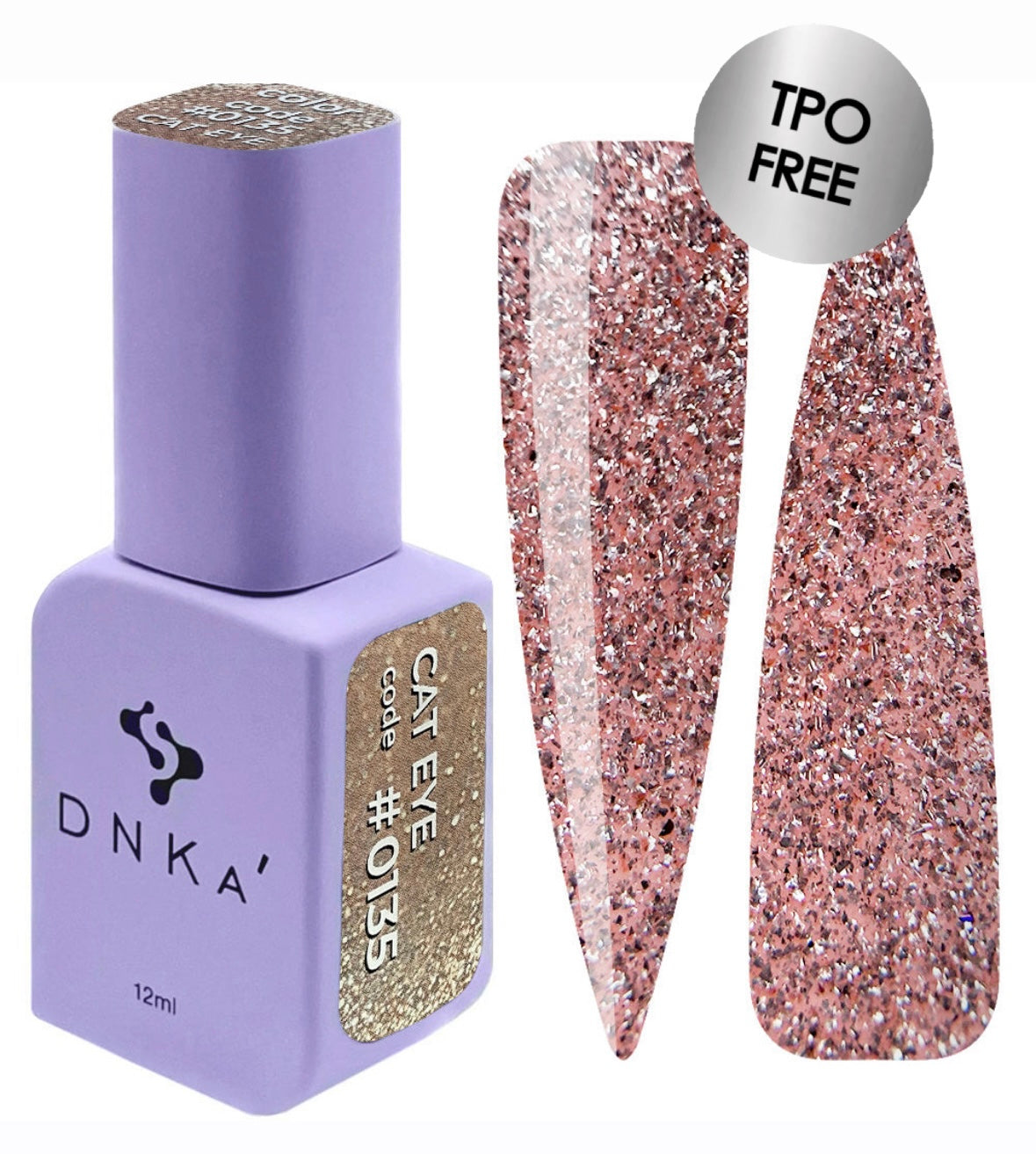 DNKA nail polish bottle with glittery nail sample and 'TPO Free' label