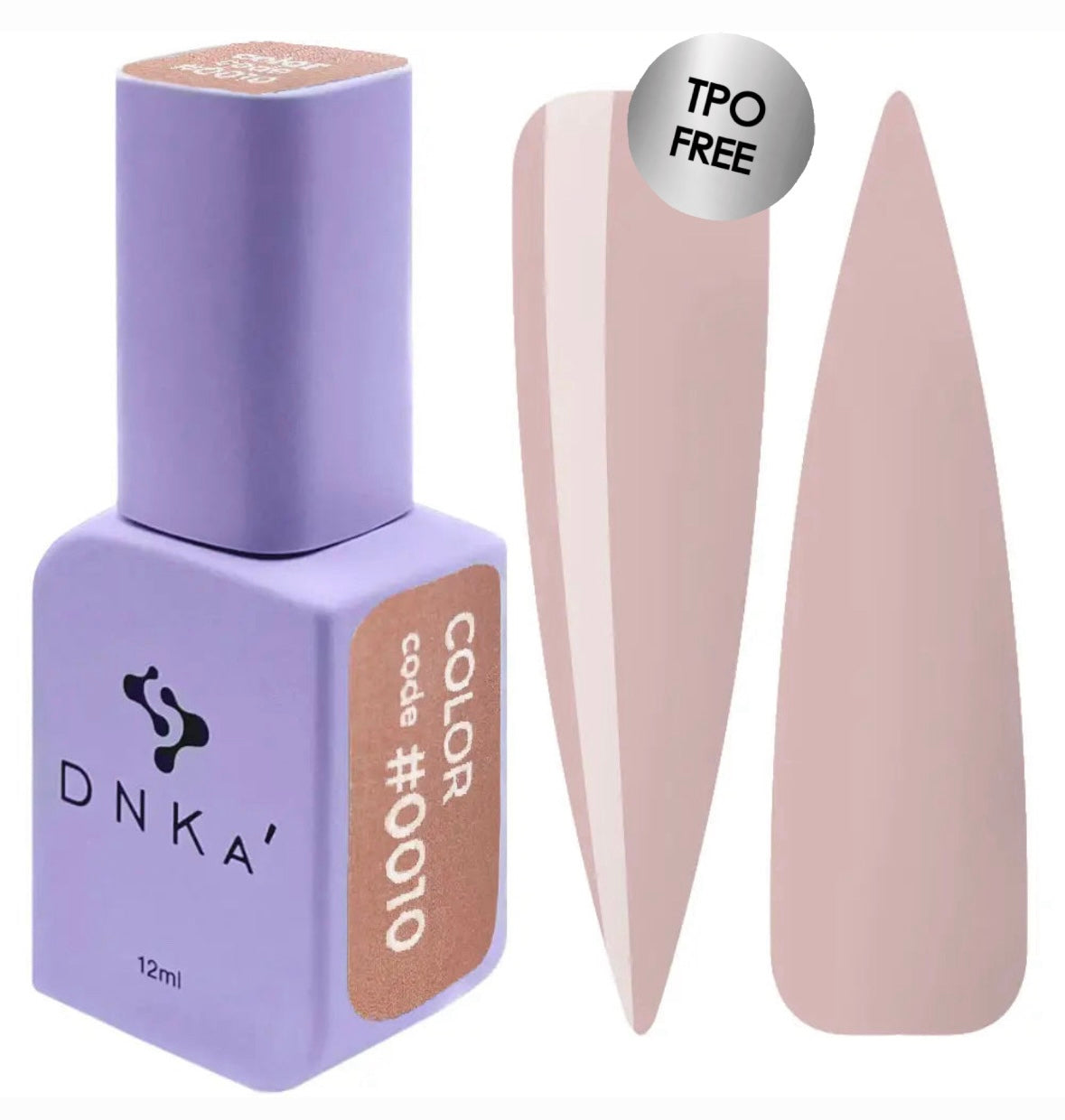 A purple DNKa' Gel Polish bottle with a velvet-like texture and a shade guide label indicating color #0010 light nude color