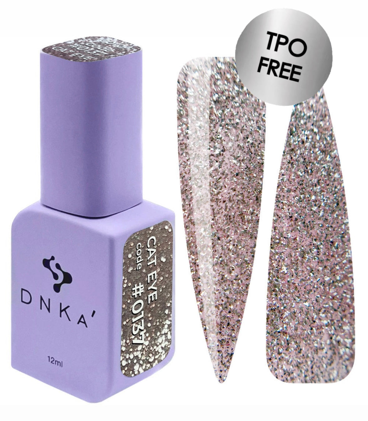 DNKA nail polish bottle with glittery nail design on a white background