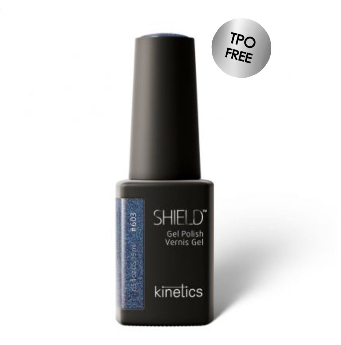 Nail blue cat eye gel polish bottle with 'Shield' and 'Kinetics' branding on a white background