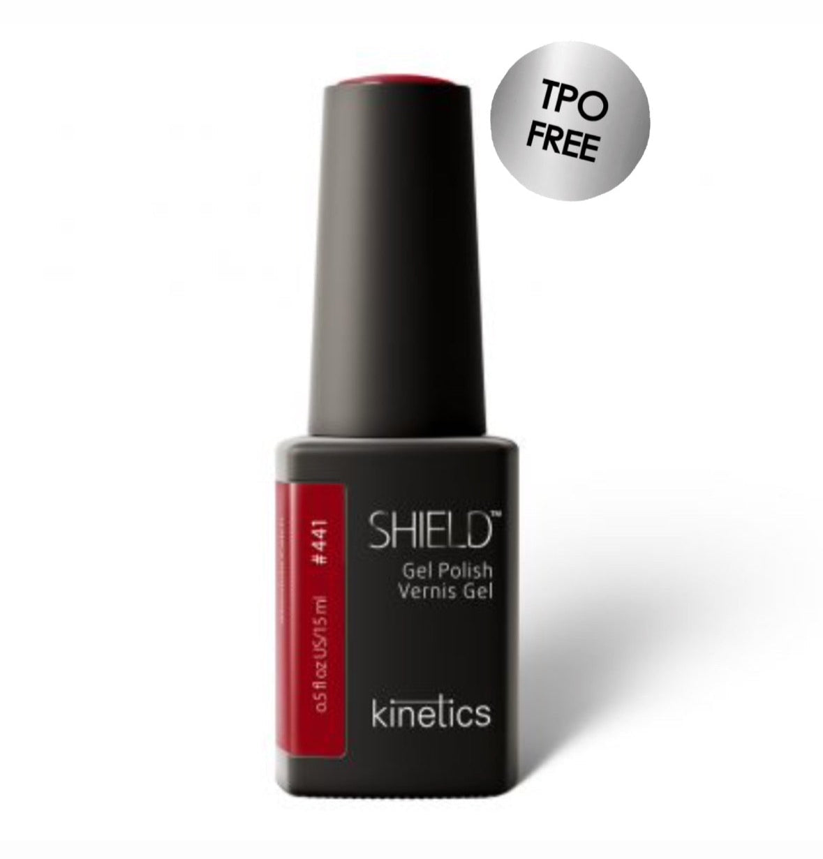 red gel polish bottle with 'Shield' and 'Kinetics' branding on a white background