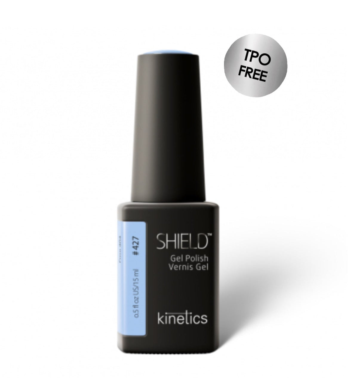 light blue gel polish bottle labeled 'Shield' by kinelics on a white background