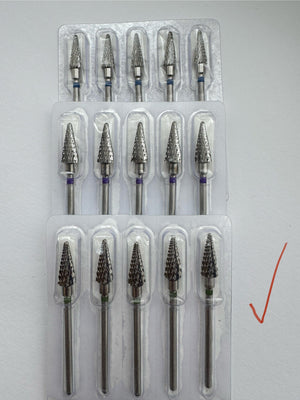 A set of carbide cone nail drill bits packaged individually in clear plastic cases, with a red arrow pointing to one of the cases.