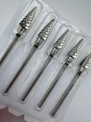 A carbide nail drill bit with a green ring at the base and a conical shape with triple cross cut design.