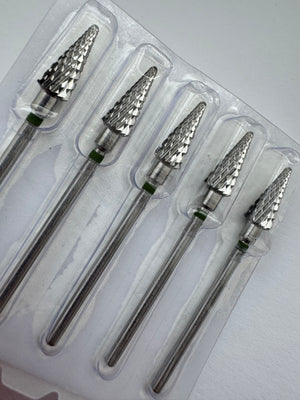 A carbide nail drill bit with a green ring at the base and a conical shape with triple cross cut design.