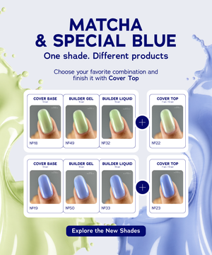 Promotional graphic for nail polish shades showing a combination of matcha green and special blue shades. The layout features text at the top reading 'MATCHA & SPECIAL BLUE' and 'One shade.