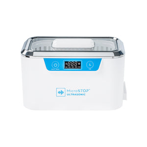 A white MicroSTOP Ultrasonic Cleaner MU-Smart with a clear tank, blue accents, and a digital display.