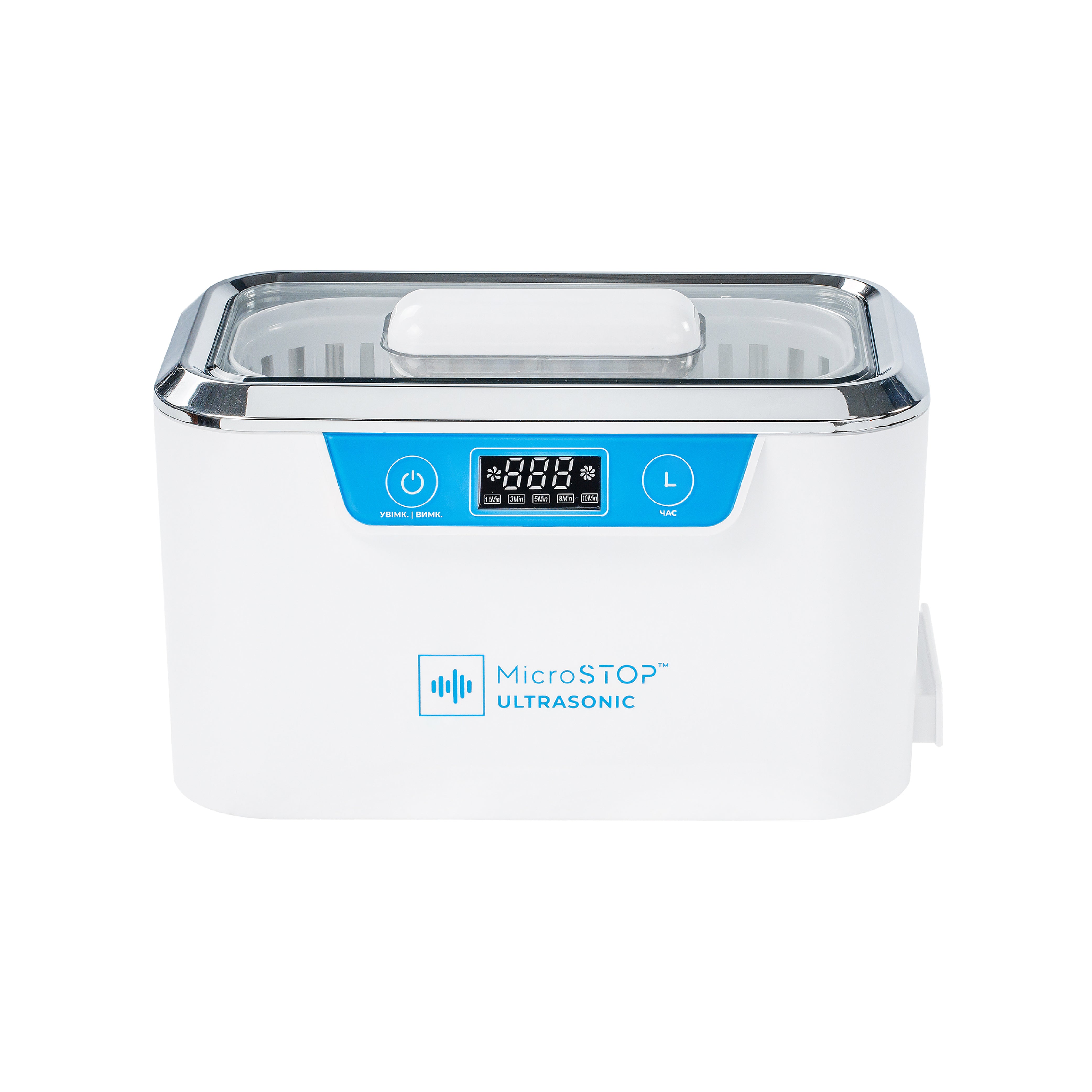 A white MicroSTOP Ultrasonic Cleaner MU-Smart with a clear tank, blue accents, and a digital display.