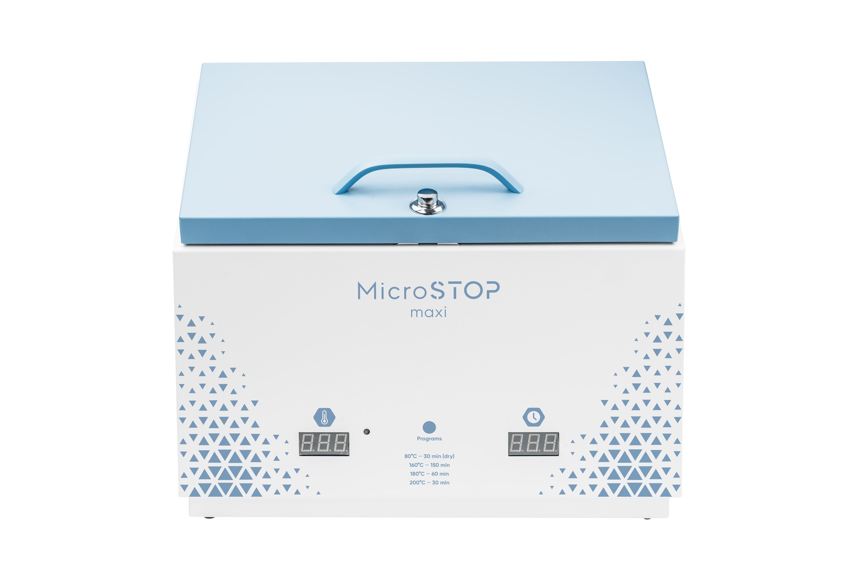 A white MicroStop dry heat sterilizer with blue accents, including a blue handle and geometric patterns on the front panel. HIGH TEMPERATURE DRY HEAT STERILIZER MICROSTOPT MAXI