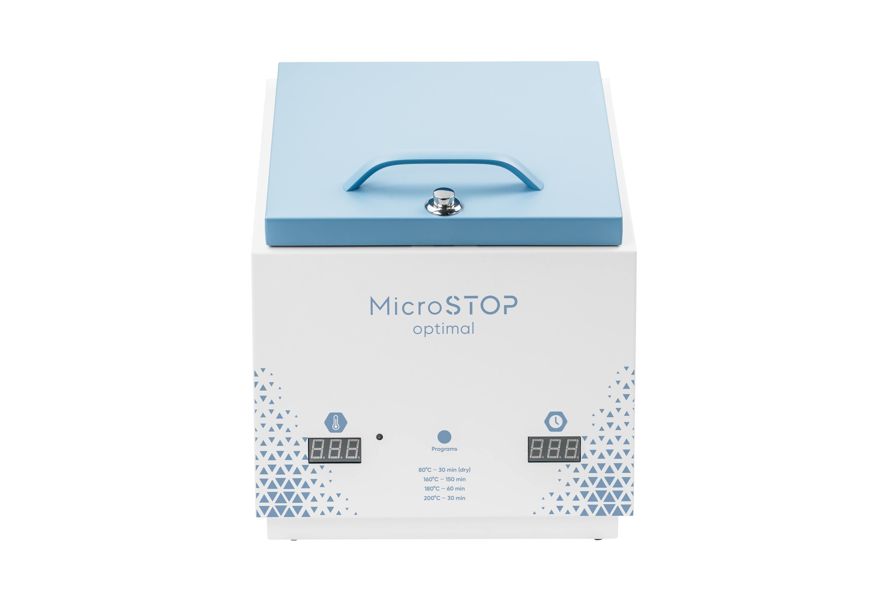 A white Microstop Optimal dry heat sterilizer with blue accents, digital display and control panel. HIGH TEMPERATURE DRY HEAT STERILIZER MICROSTOP OPTIMAL