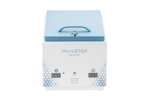 A white Microstop Optimal dry heat sterilizer with blue accents, digital display and control panel. HIGH TEMPERATURE DRY HEAT STERILIZER MICROSTOP OPTIMAL